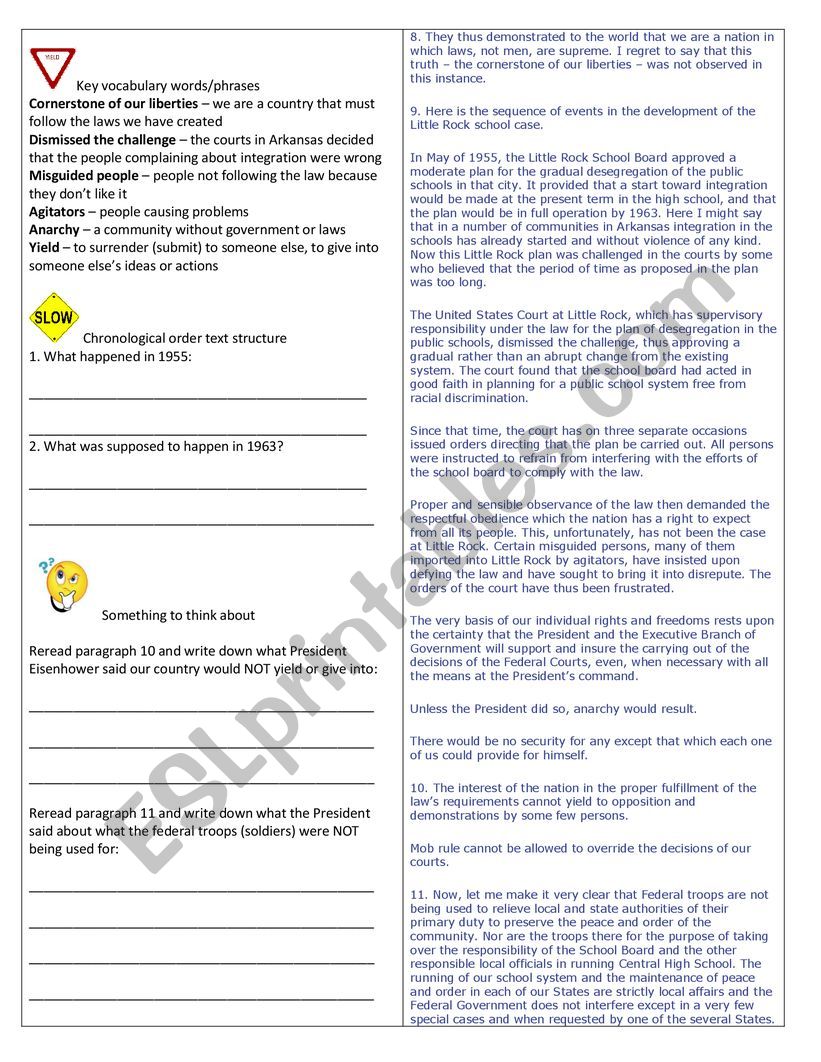 Informational Text Road Map On The Little Rock Nine Esl Worksheet By Eslsuemac