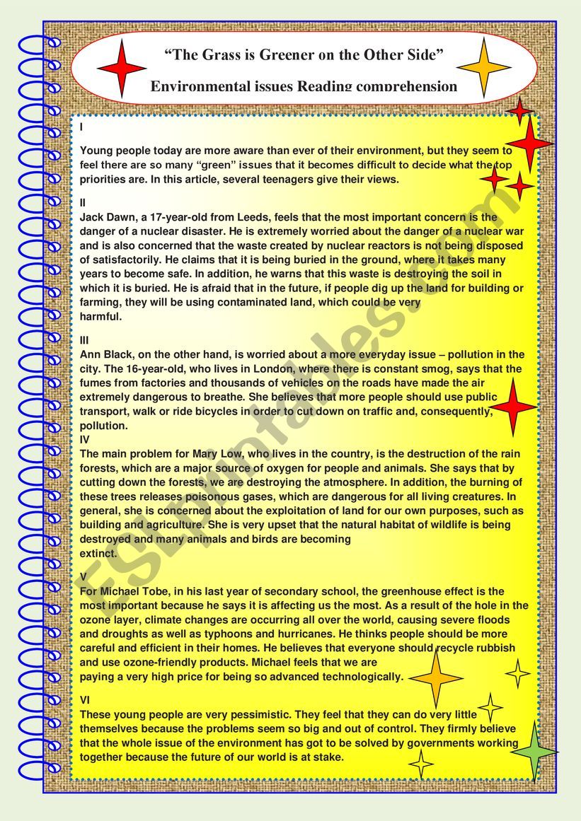The Grass Is Greener on the Other Side  Environmental issues reading comprehension + Key