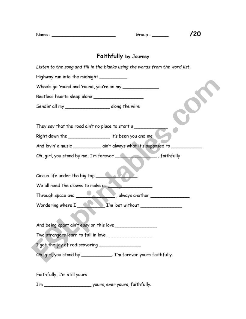 Faithfully worksheet