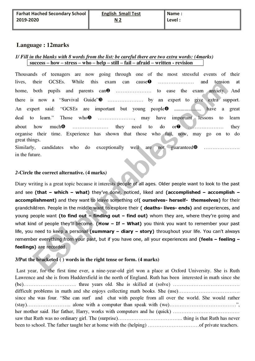 bac big english test worksheet