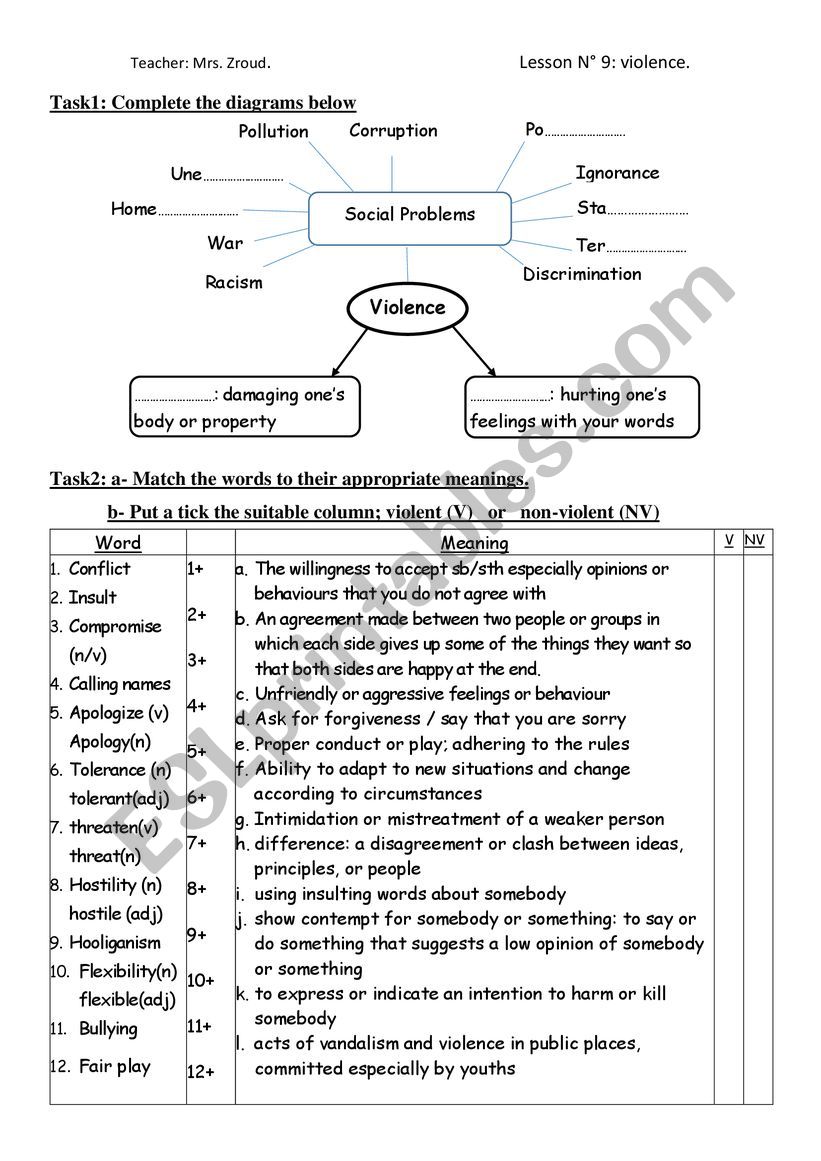 lesson N9 Violence worksheet