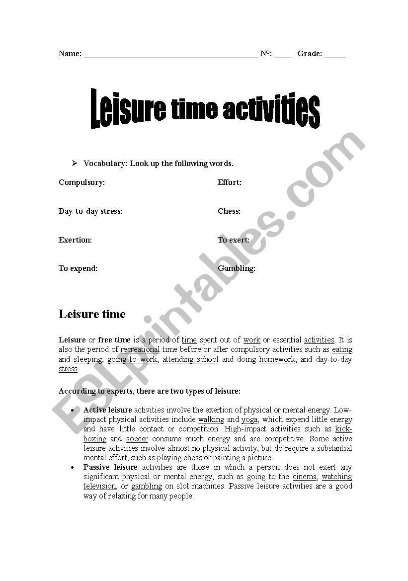 Leisure time activities worksheet