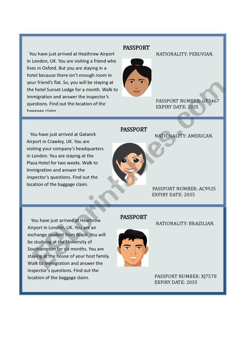 ROLE-PLAY CARDS - AT THE AIRPORT (IMMIGRATION)