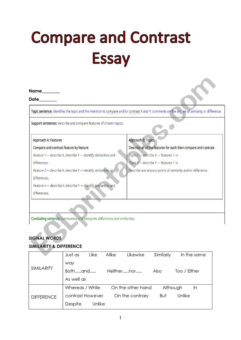 compare and contrast worksheet