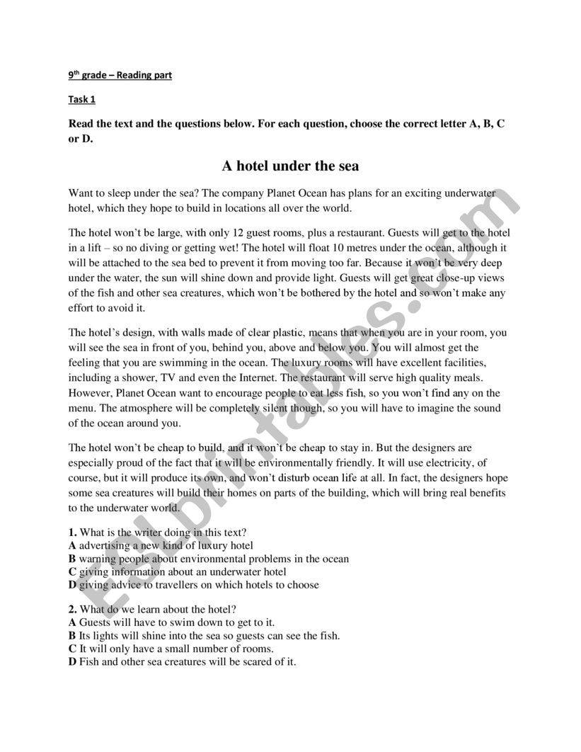 PET  exam reading worksheet