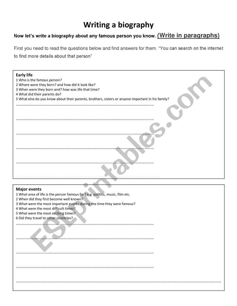 Template to write a biography worksheet