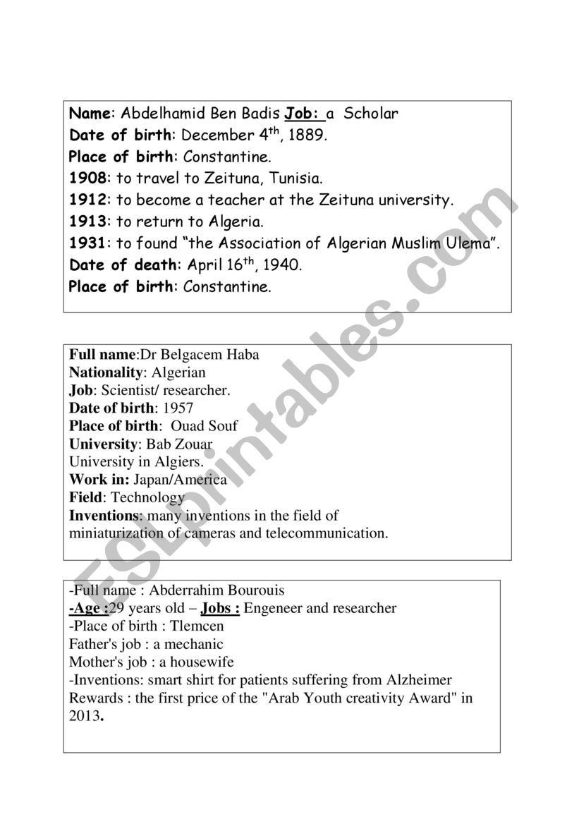 biographies worksheet