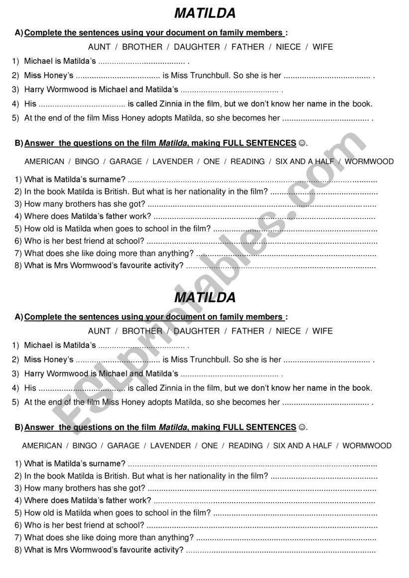 Matilda 4 : family worksheet