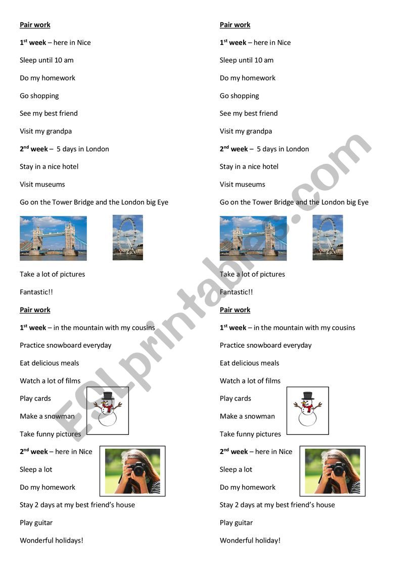 PAIR WORK   MY HOLIDAYS worksheet