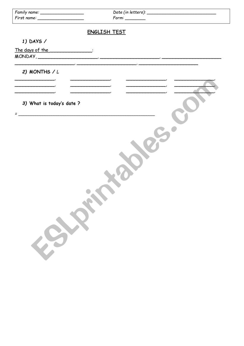 english test - date worksheet