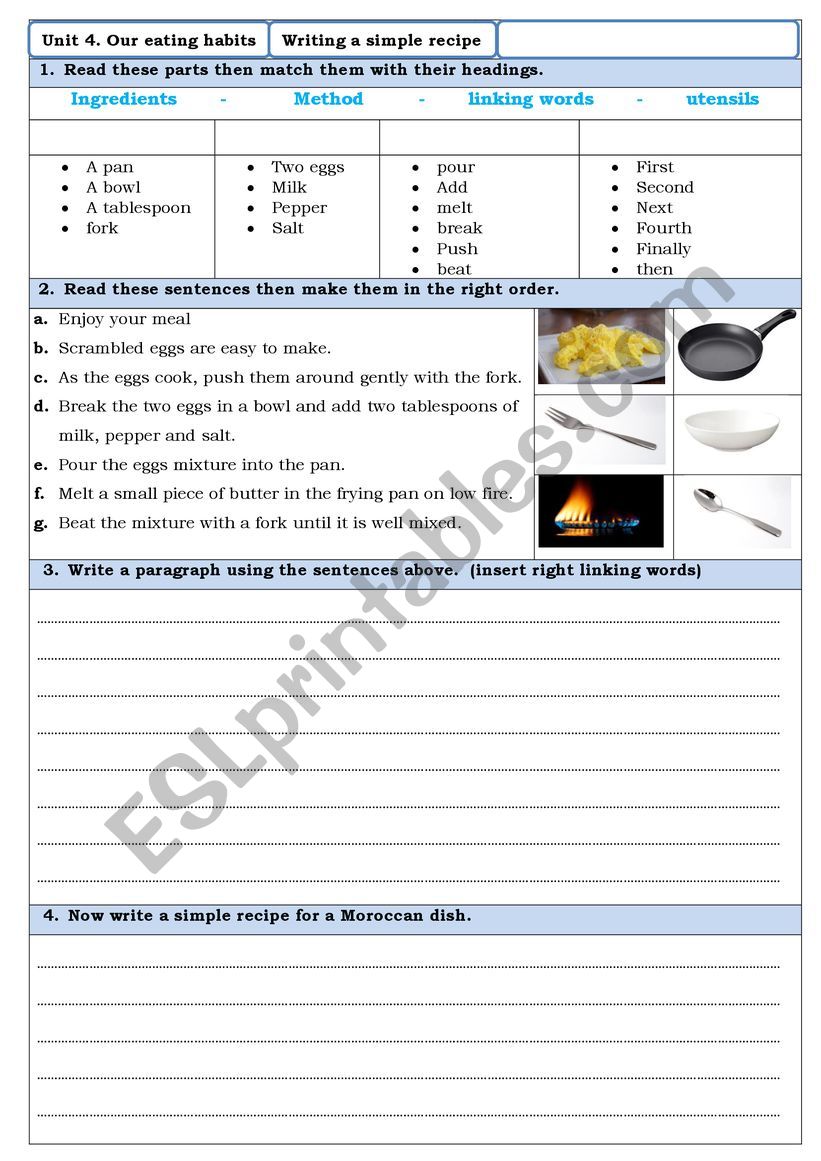 writing a simple recipe worksheet