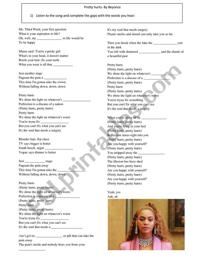 Pretty Hurts- By Beyonc worksheet