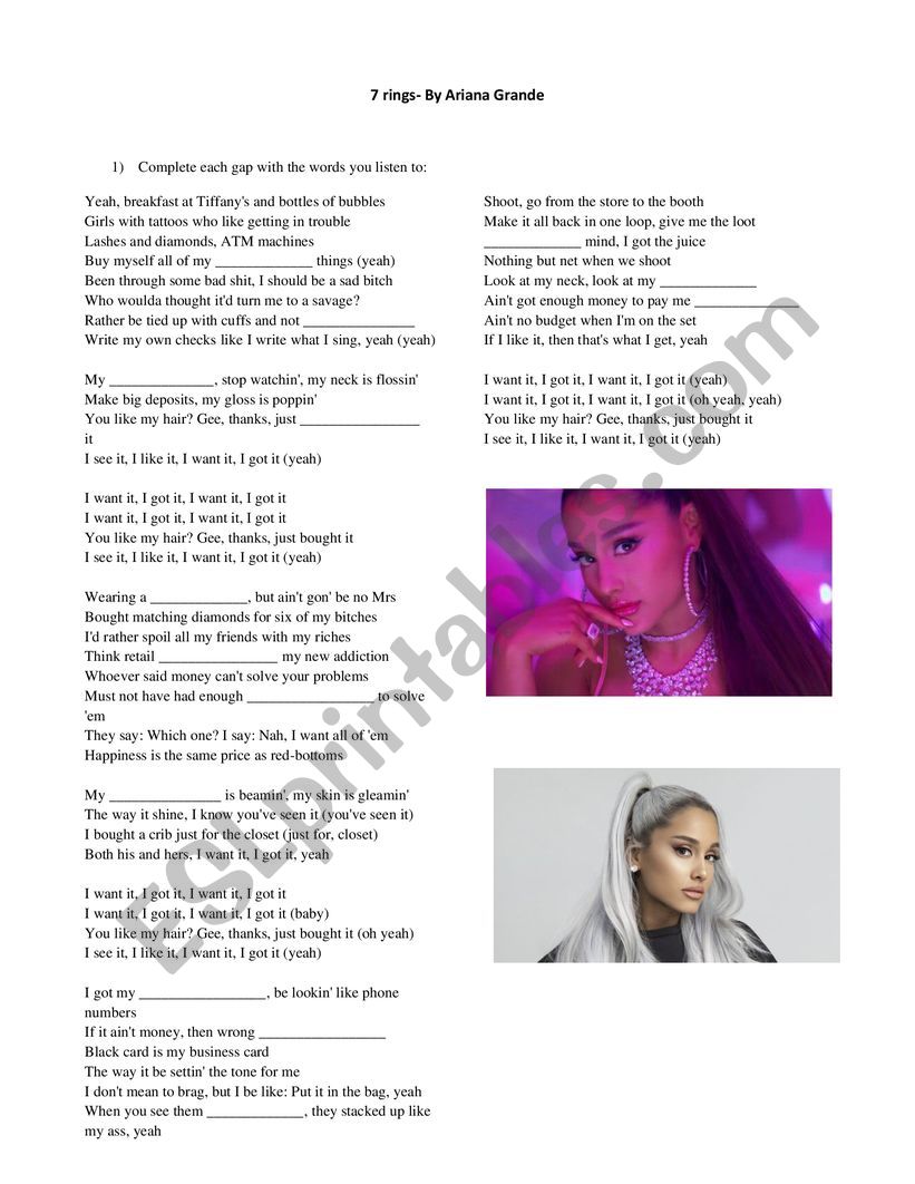 Seven Rings- By Ariana Grande worksheet