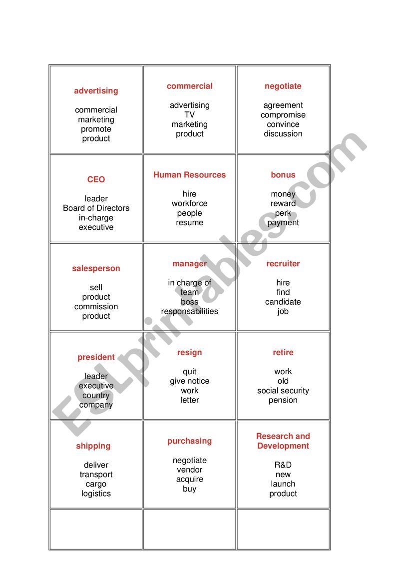 Taboo card game  worksheet