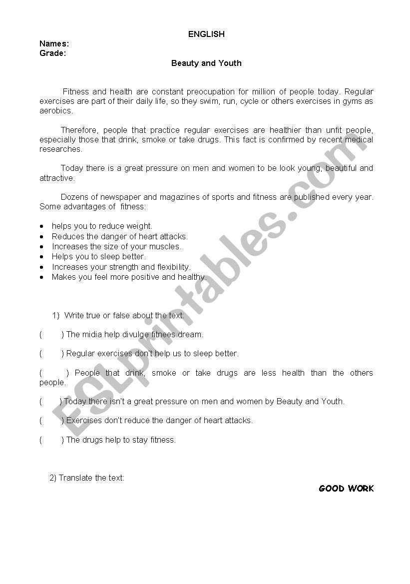 Text: Beauty and Youth worksheet