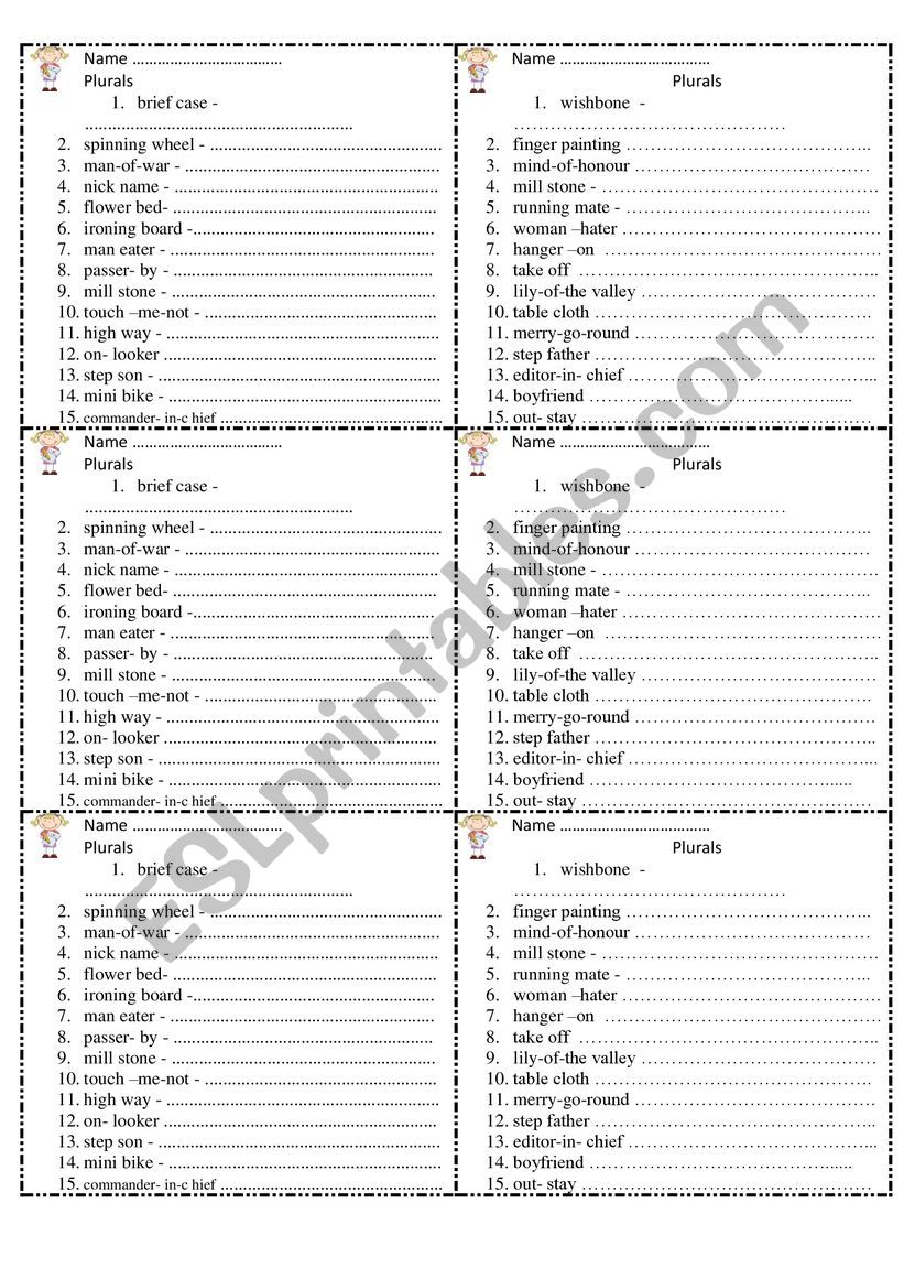 Compound noun plurals card worksheet