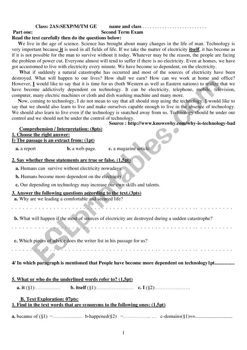 Second Term Exam worksheet