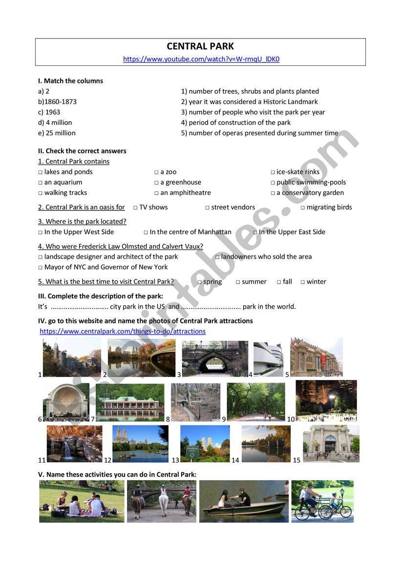 Central Park worksheet