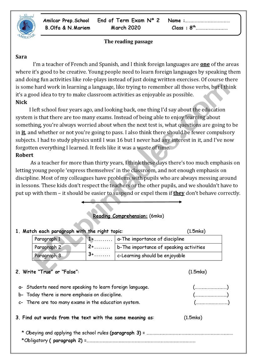 end of term worksheet