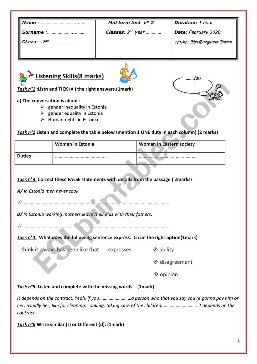 Mid term test 2nd n2 year worksheet