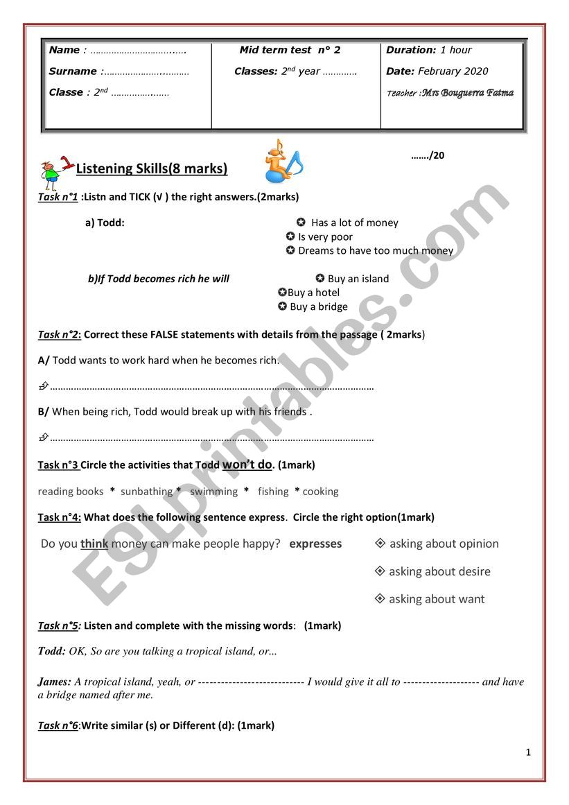 Mid term test 2nd n2 year worksheet