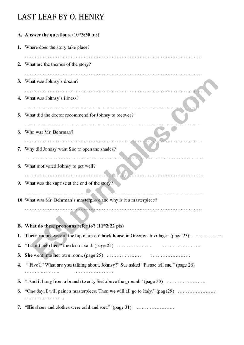Reading Worksheet Last Leaf worksheet