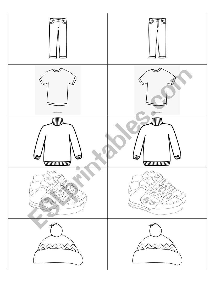 Memory game clothes worksheet