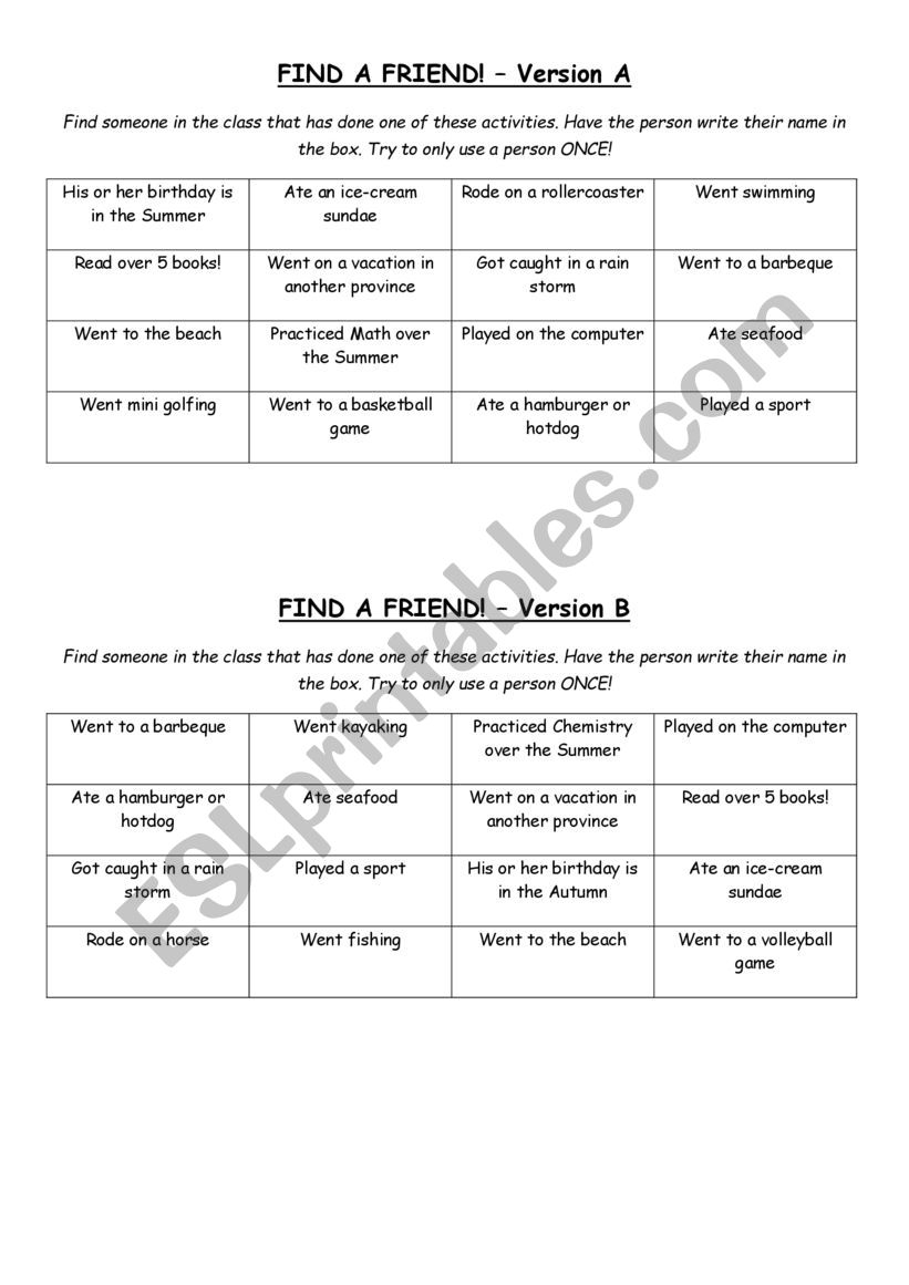 FIND A FRIEND! Bingo worksheet