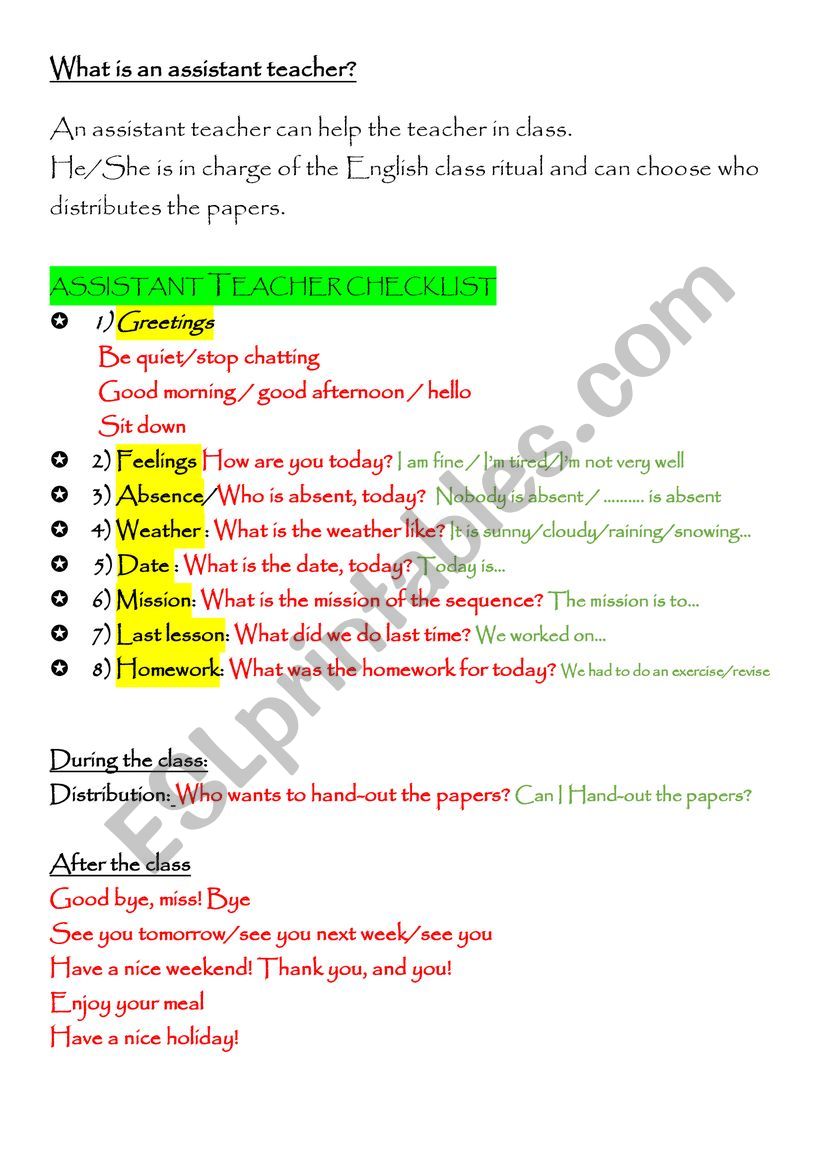 Assistant teacher worksheet