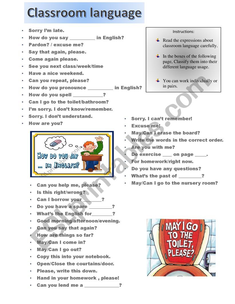 CLASSROOM LANGUAGE - ESL worksheet by schuster