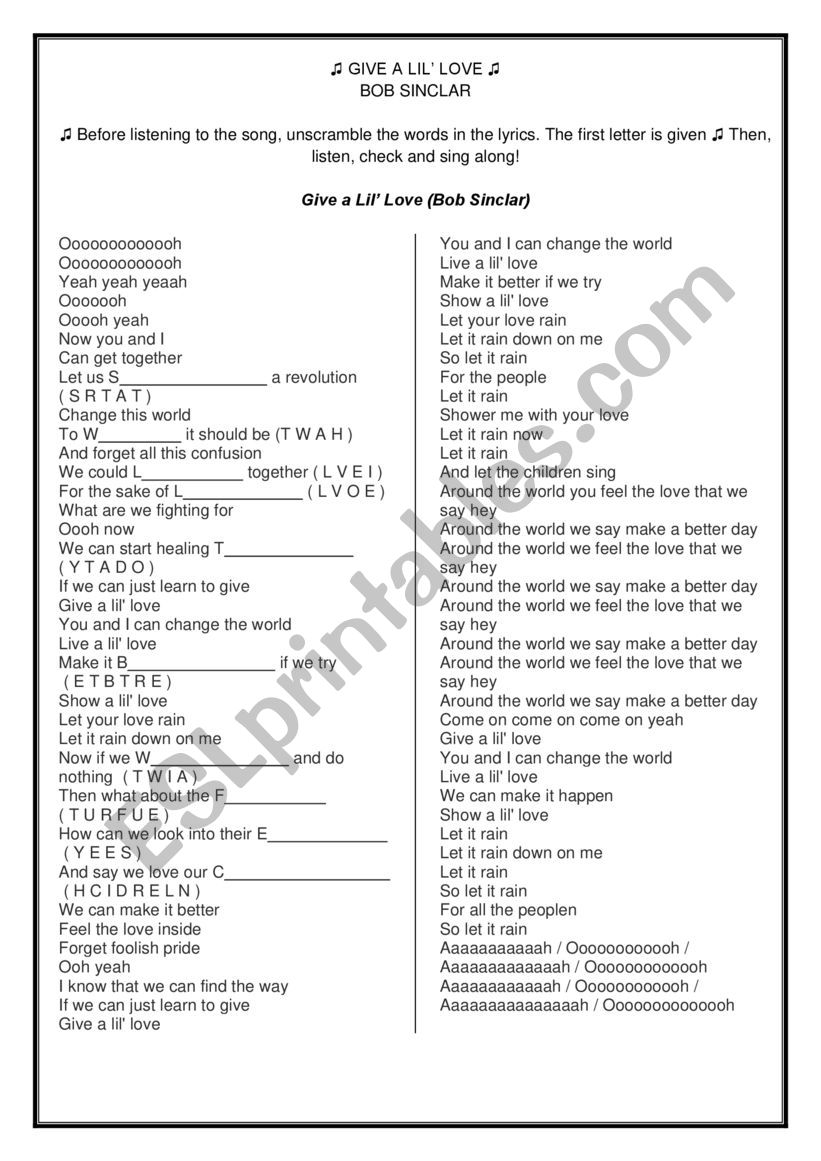 Give a Lil� Love worksheet