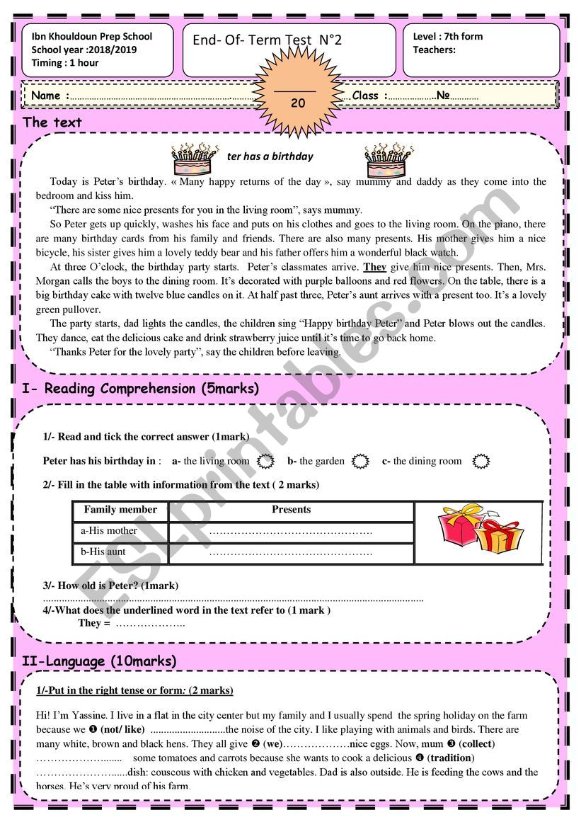 Full term test N 2 7th form worksheet