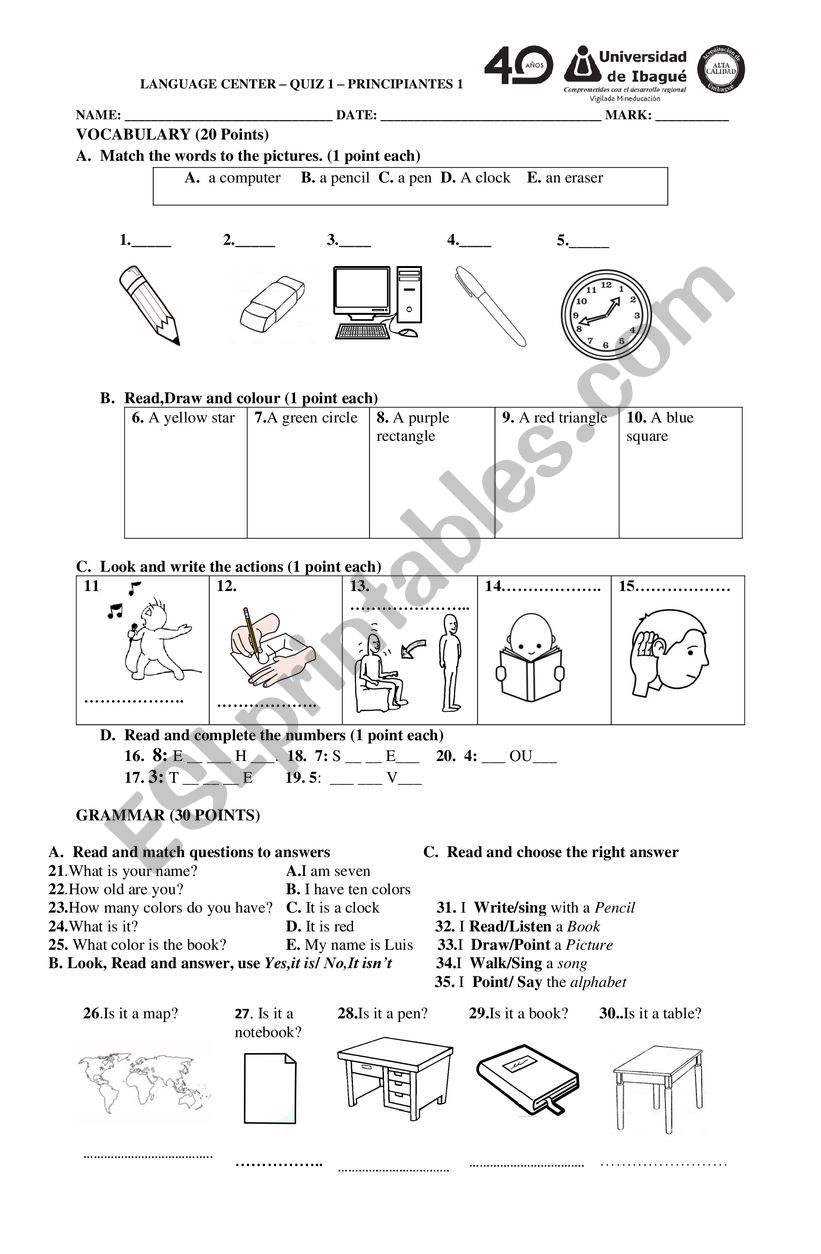 Classroom objects, classroom commands,numbers,shapes quiz