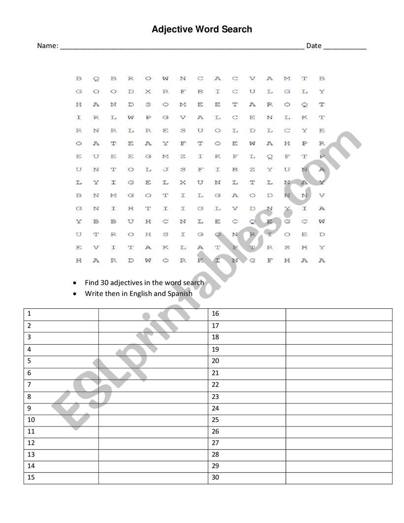 adjective wordsearch worksheet