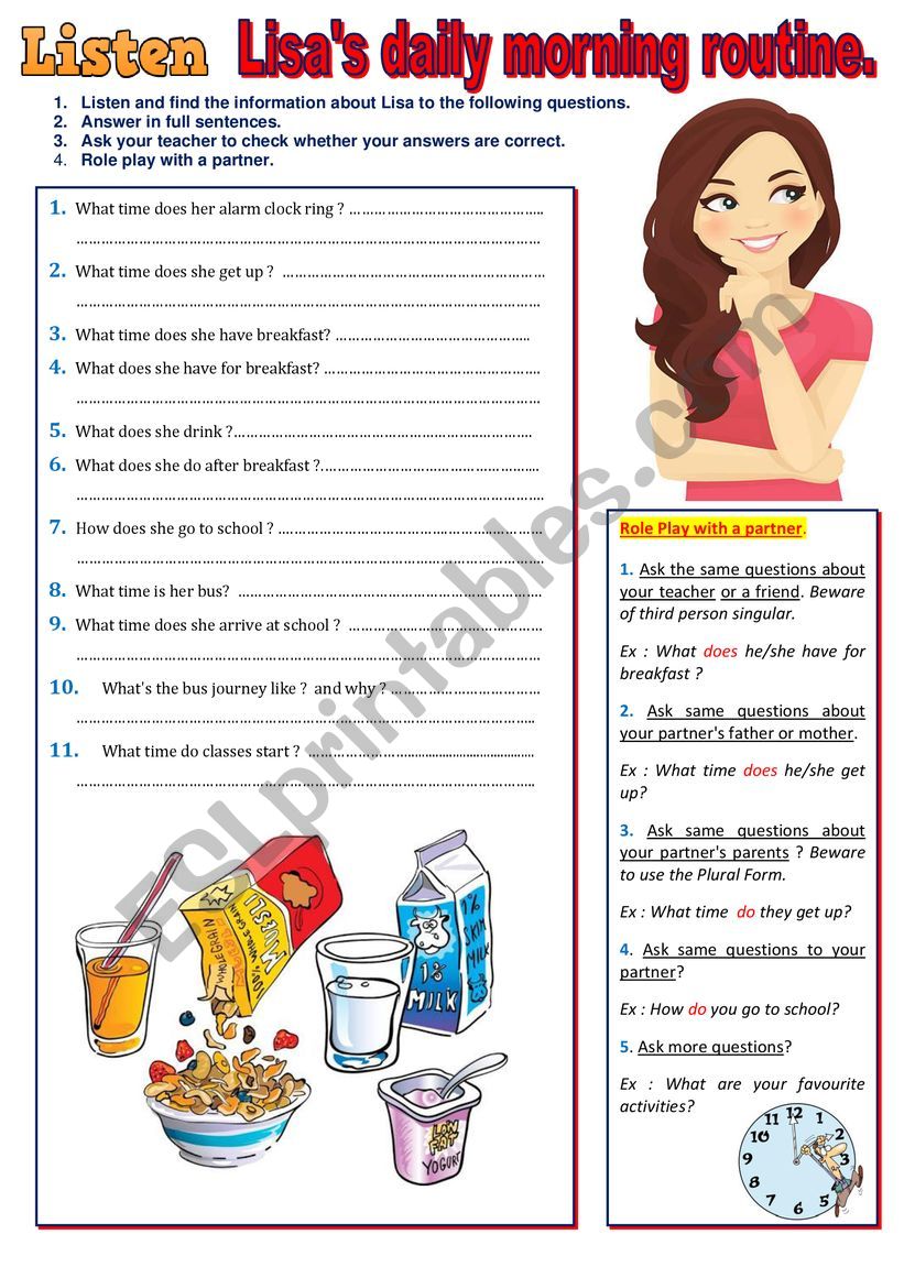 LisaÂ´s daily morning routine - Listening + questions + role play + KEY 