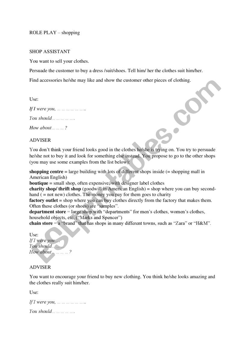 Shopping - role play worksheet