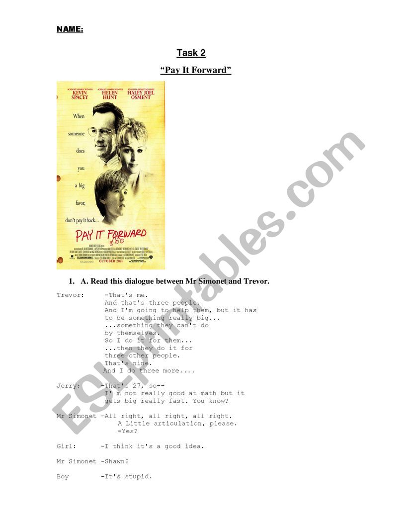 Pay It Forward Project worksheet