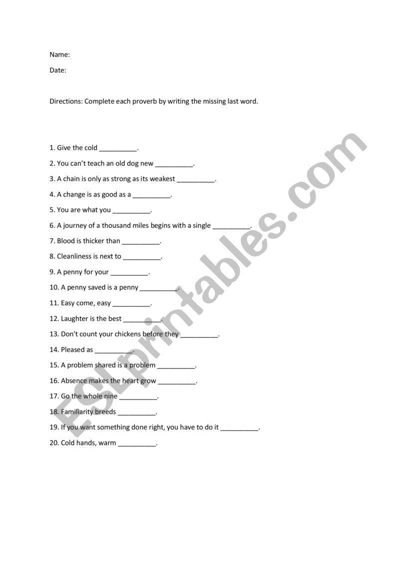 Fill in the blanks - Proverbs worksheet