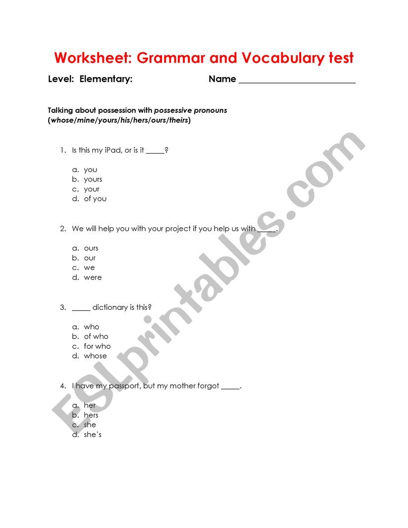 Test of general grammar and vocabulary