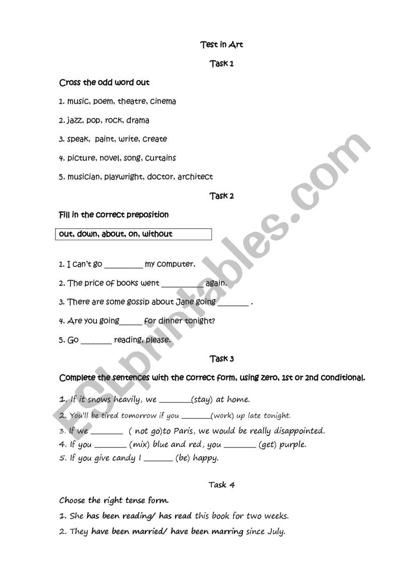 Test in Art worksheet