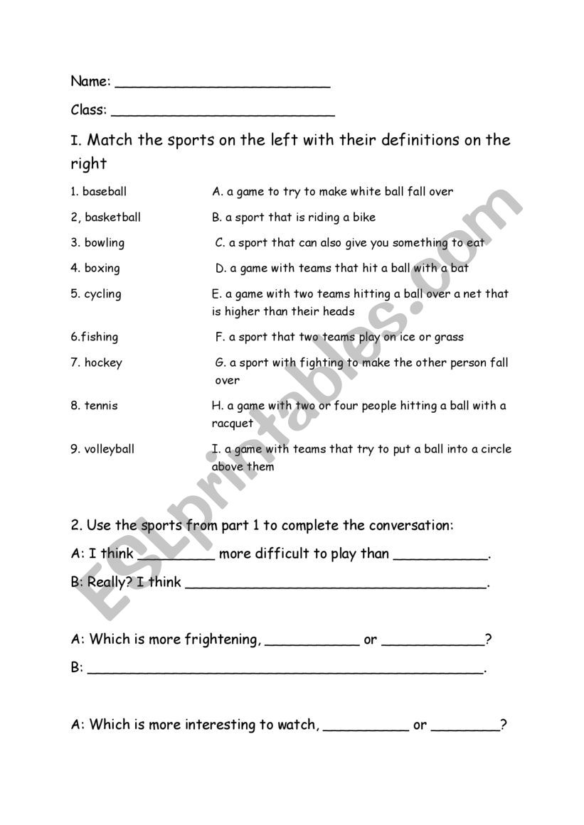 Exercise about Sports worksheet