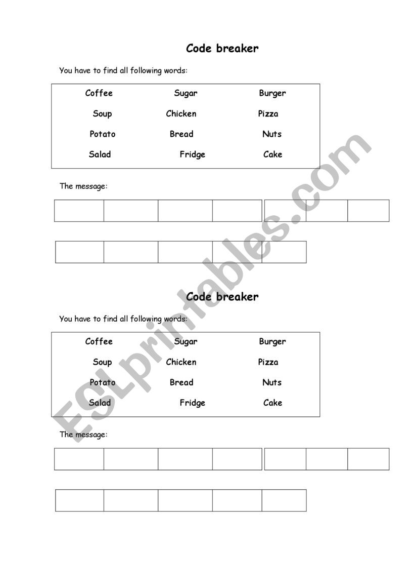 Code breaker FOOD AND DRINK worksheet