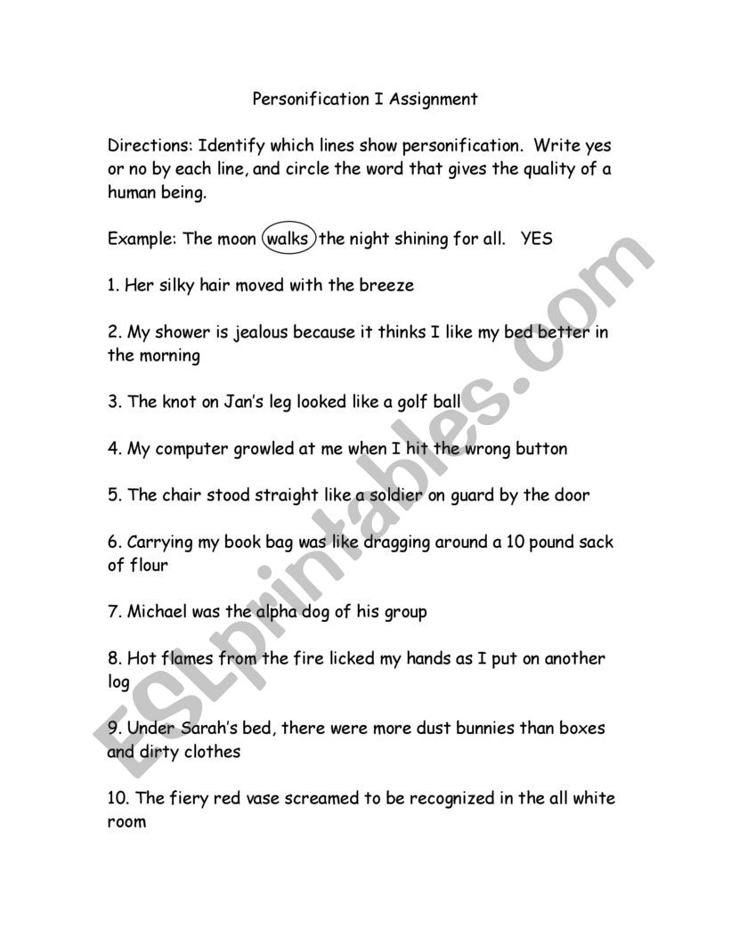 personification worksheet