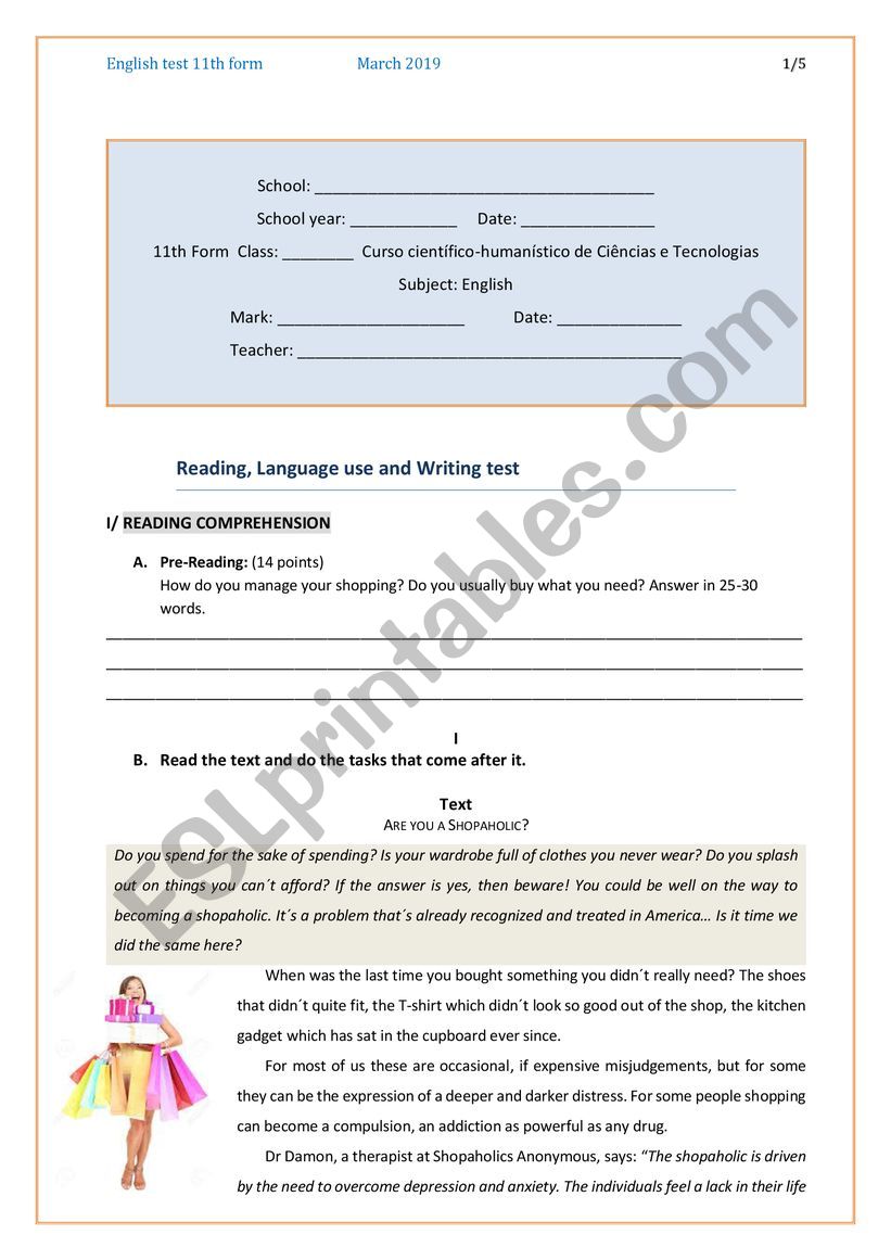 English test on consumerism for 11th form