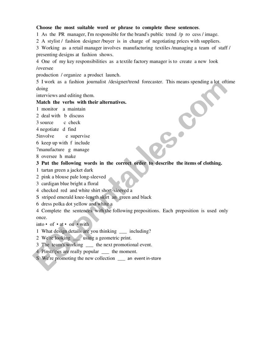 Fashion designers worksheet