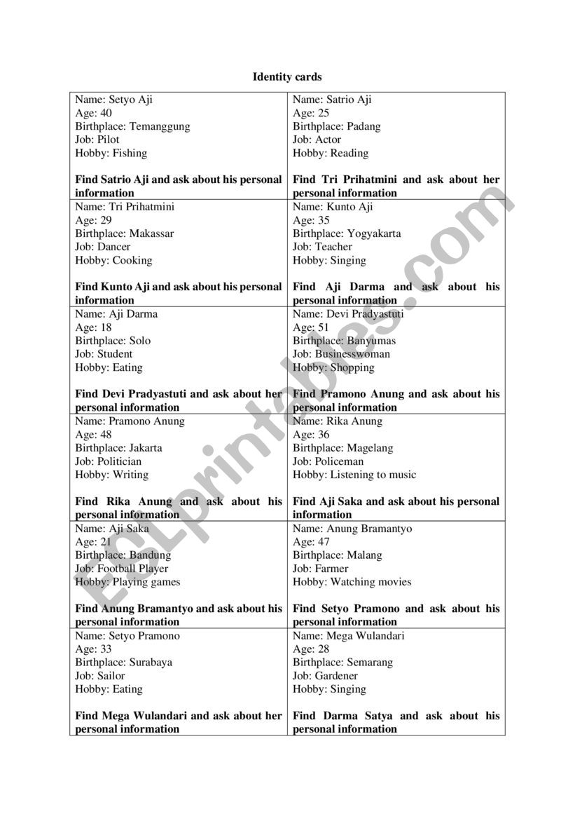 Identitiy cards role-playing game