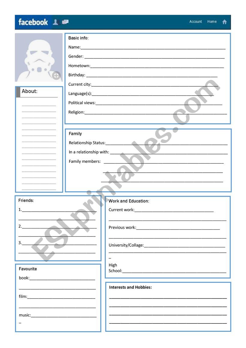 Facebook profile form worksheet