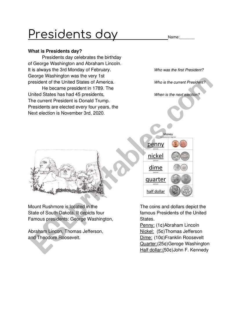 President�s Day worksheet worksheet