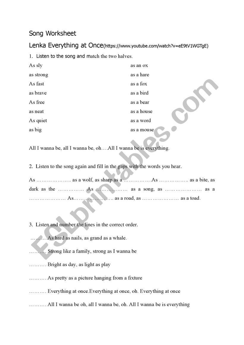 Song worksheet (Lenka - Everything at once)