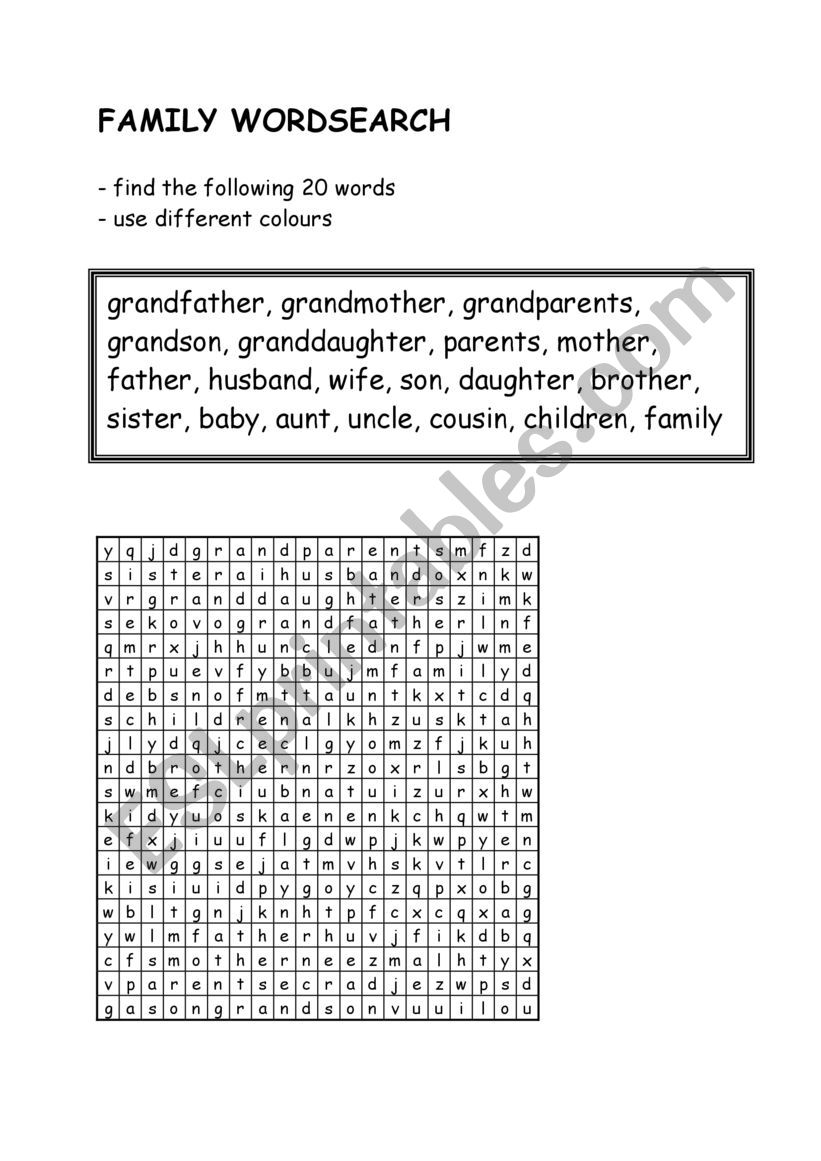 Family Word Search worksheet